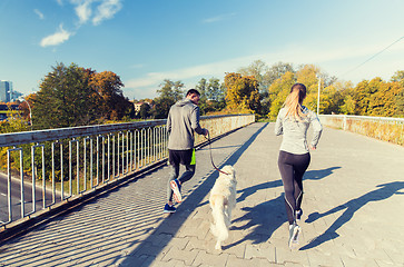 Image showing close up of couple with dog running outdoors