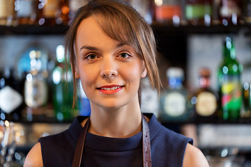 Image showing happy smiling barmaid or woman at cocktail bar