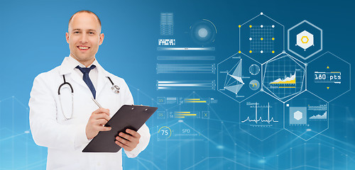 Image showing doctor with clipboard, stethoscope and charts