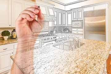 Image showing Hand Drawing Custom Kitchen Design With Gradation Revealing Phot