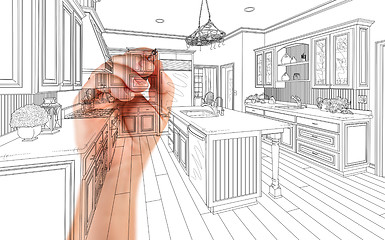 Image showing Hand of Architect Drawing Detail of Custom Kitchen Design