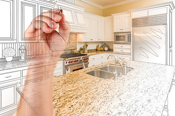 Image showing Hand Drawing Custom Kitchen Design With Gradation Revealing Phot