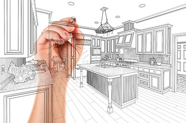 Image showing Hand of Architect Drawing Detail of Custom Kitchen Design