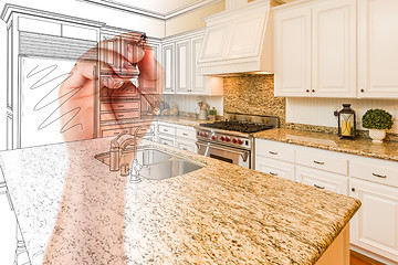 Image showing Hand Drawing Custom Kitchen Design With Gradation Revealing Phot