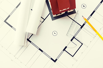 Image showing close up of house model on architectural blueprint