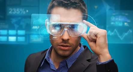 Image showing businessman in virtual reality or 3d glasses