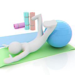 Image showing 3d man on a karemat with fitness ball. 3D illustration. Anaglyph
