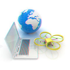 Image showing Drone or quadrocopter with camera with laptop. Network, online, 