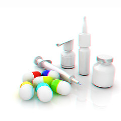 Image showing Syringe, tablet, pill jar. 3D illustration. Anaglyph. View with 