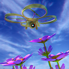 Image showing Drone, quadrocopter, with photo camera against the sky and Beaut