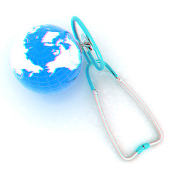 Image showing Stethoscope and Earth.3d illustration. Anaglyph. View with red/c