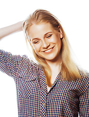 Image showing young pretty blond teenage hipster girl posing emotional happy smiling on white background, lifestyle people concept