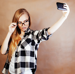 Image showing young happy smiling hipster blond girl with backpack ready to school, teenage lifestyle people concept 