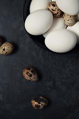 Image showing Quail and chicken eggs on a table