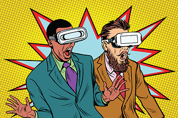 Image showing Two men in VR glasses scared and screaming in panic