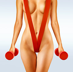 Image showing working out with red dumbbells