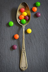 Image showing Colorful jelly candies in spoon 