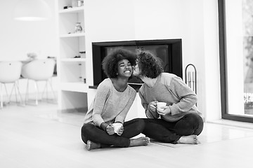 Image showing multiethnic couple  in front of fireplace