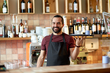 Image showing happy man or waiter with coffee and sugar at bar