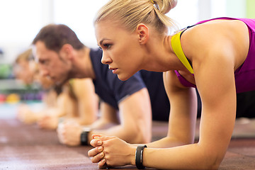 Image showing close up of woman at training doing plank in gym