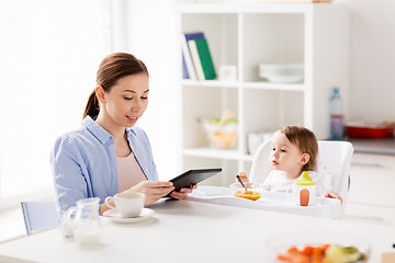 Image showing happy mother and baby having breakfast at home