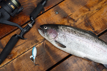 Image showing Freshly caught salmon lying on the fotbridge with fishing rod