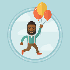 Image showing Businessman flying up away on bunch of balloons.