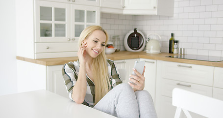 Image showing Charming female taking selfie in kitchen