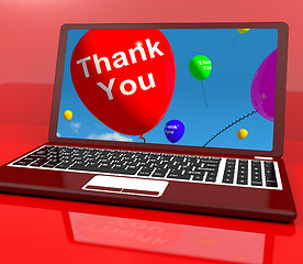 Image showing Thank You Balloon On Computer As Online Thanks Message