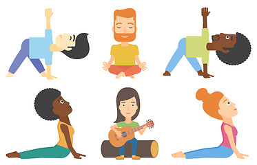 Image showing Vector set of tourists and people practicing yoga.