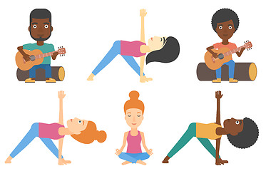 Image showing Vector set of tourists and people practicing yoga.