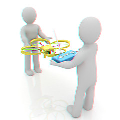 Image showing 3d man with drone, quadrocopter, with photo camera. 3d render. 3