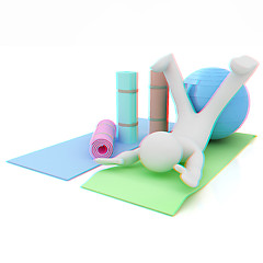 Image showing 3d man on a karemat with fitness ball. 3D illustration. Anaglyph