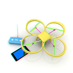 Image showing Drone, remote controller and tablet PC. Anaglyph. View with red/