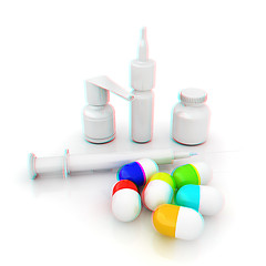 Image showing Syringe, tablet, pill jar. 3D illustration. Anaglyph. View with 