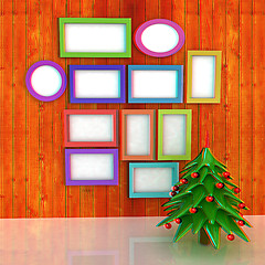 Image showing Mock up poster on the wood wall with christmas tree and decorati