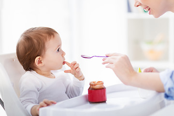 Image showing happy mother feeding baby with puree at home