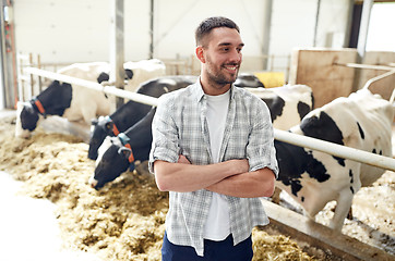 Image showing man or farmer with cows in cowshed on dairy farm