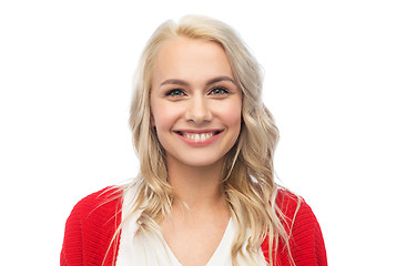 Image showing happy smiling young woman in red cardigan