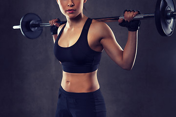 Image showing young woman flexing muscles with barbell in gym