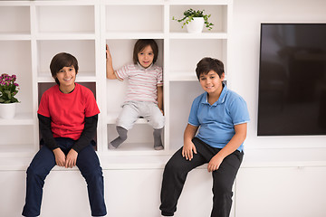 Image showing young boys posing on a shelf