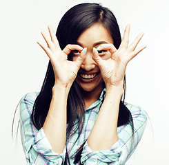 Image showing young pretty asian woman posing cheerful emotional isolated on white background, lifestyle people concept