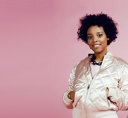 Image showing young cute disco african-american girl on pink background smiling adorable emotions copyspace, lifestyle people concept