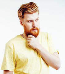 Image showing portrait of young bearded hipster guy smiling on white background close up isolated, lifestyle real modern people concept