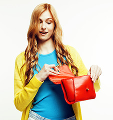 Image showing young pretty long hair woman happy smiling isolated on white background, wearing cute tiny fashion handbag, lifestyle people concept 