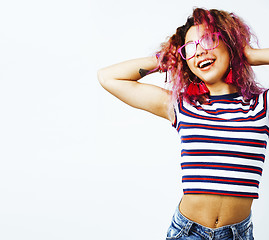 Image showing young happy smiling latin american teenage girl emotional posing on white background, lifestyle people concept 