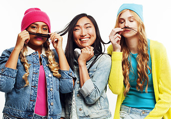 Image showing diverse nation girls group, teenage friends company cheerful having fun, happy smiling, cute posing isolated on white background, lifestyle people concept 