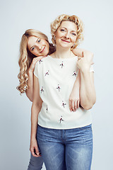 Image showing mother with daughter together posing happy smiling isolated on white background with copyspace, lifestyle people concept