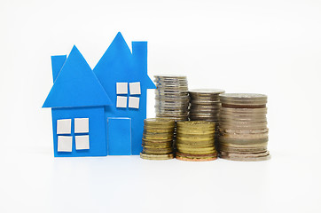 Image showing House model and stacks of coins