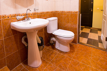 Image showing Bathroom in the hotel, washbasin and toilet
